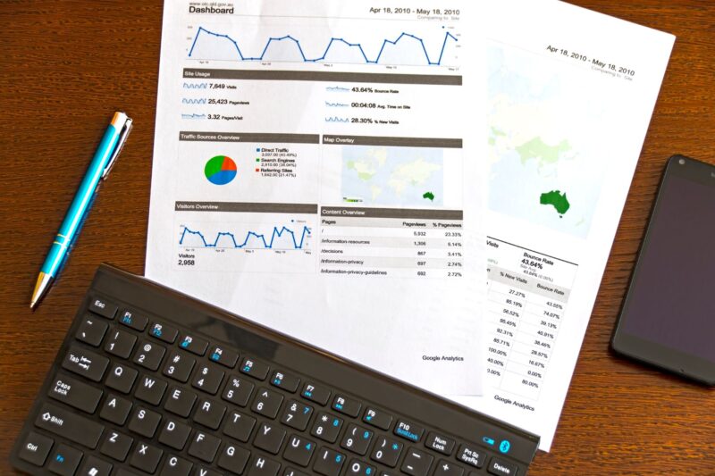 A marketer reviewing a landing page design next to an ad campaign dashboard on a second monitor